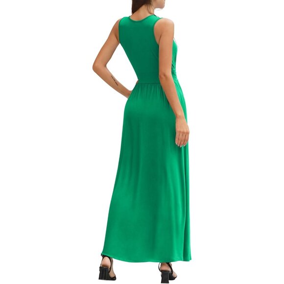 Women Bright Green Deep V Neck Sleeveless Loose Plain Long Maxi Stretchy Dress - Picture 6 of 6